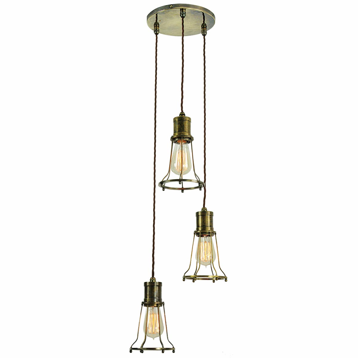 Marconi Period 3 Light Multi Level Cage Pendant Solid Antique Brass