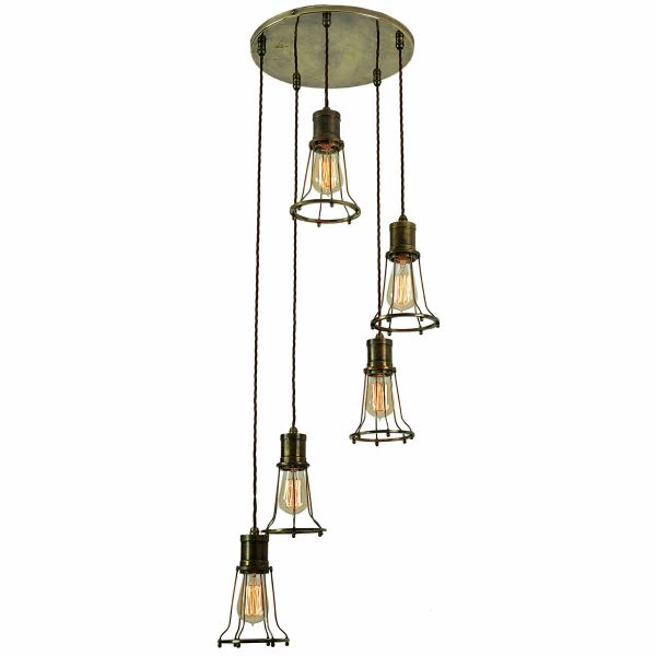 Marconi vintage industrial style 5 light multi level cage pendant in solid antique brass full height