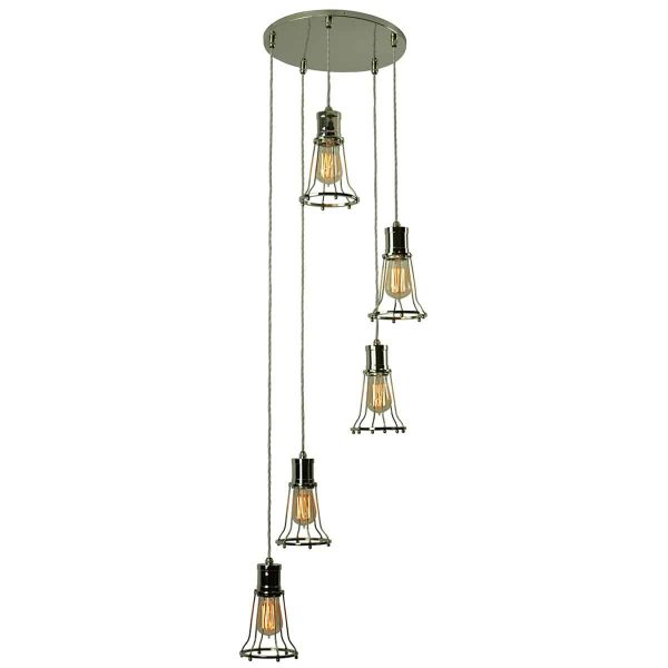 Marconi vintage 5 light multi level cage pendant in polished nickel full height