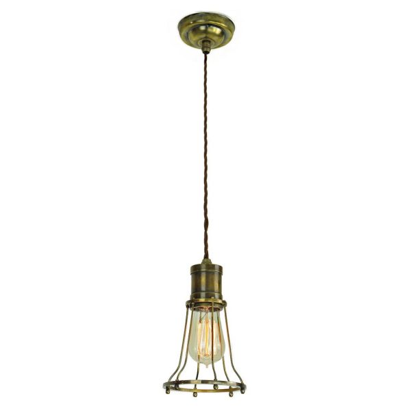 Marconi vintage industrial 1 light cage pendant in solid antique brass full height