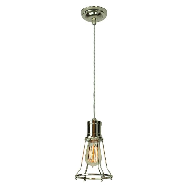 Marconi vintage industrial 1 light cage pendant in nickel plated solid brass full height