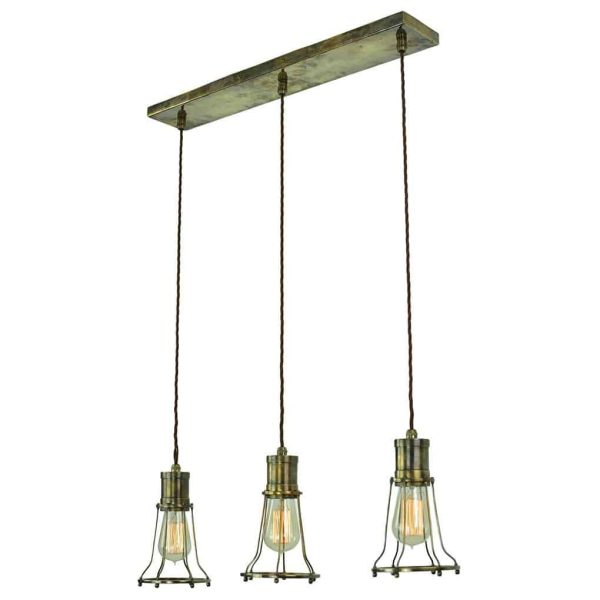 Marconi vintage style 3 light cage ceiling pendant bar in solid antique brass