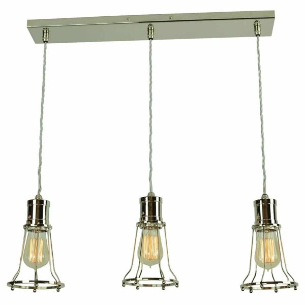 Marconi vintage style 3 light cage ceiling pendant bar in nickel plated solid brass