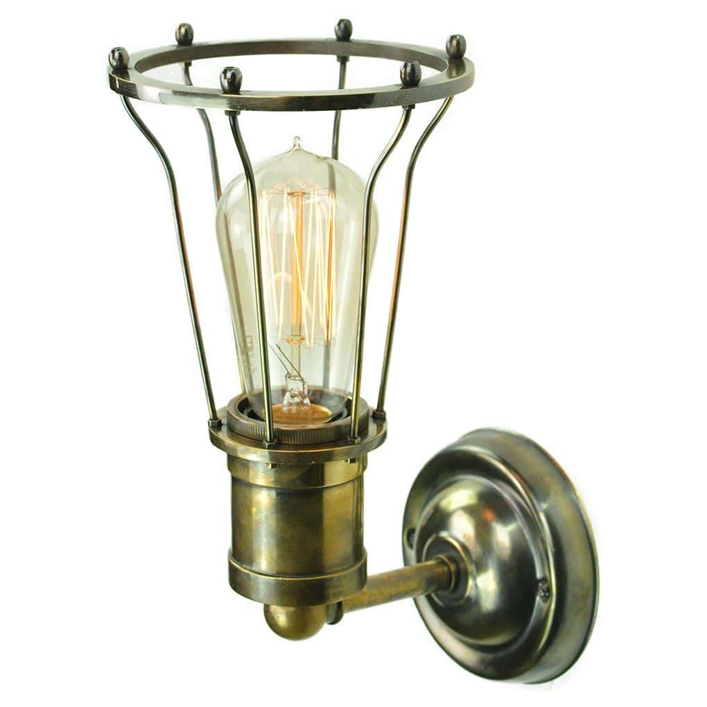 Marconi Vintage Industrial 1 Lamp Cage Wall Light Antique Brass