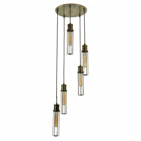 Alexander 5 light multi level cluster pendant in solid antique brass full height