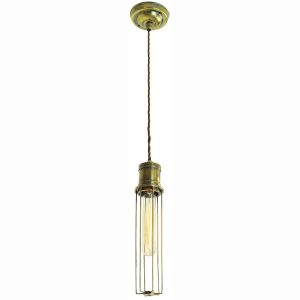 Alexander vintage style tube cage single pendant light in solid antique brass full height