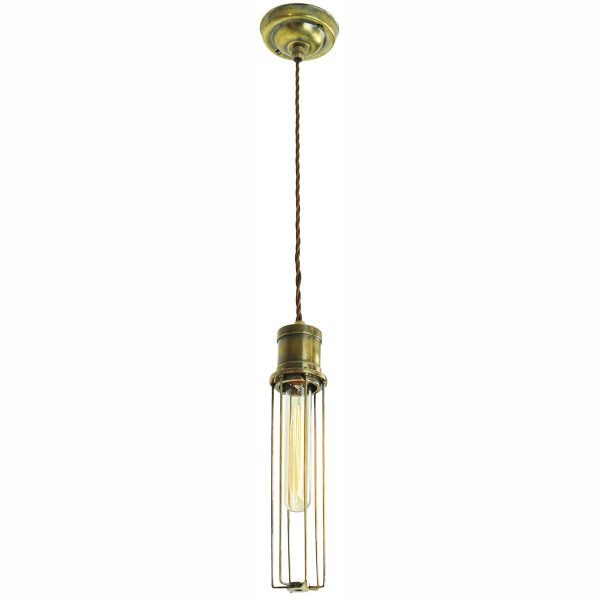 Alexander vintage style tube cage single pendant light in solid antique brass full height