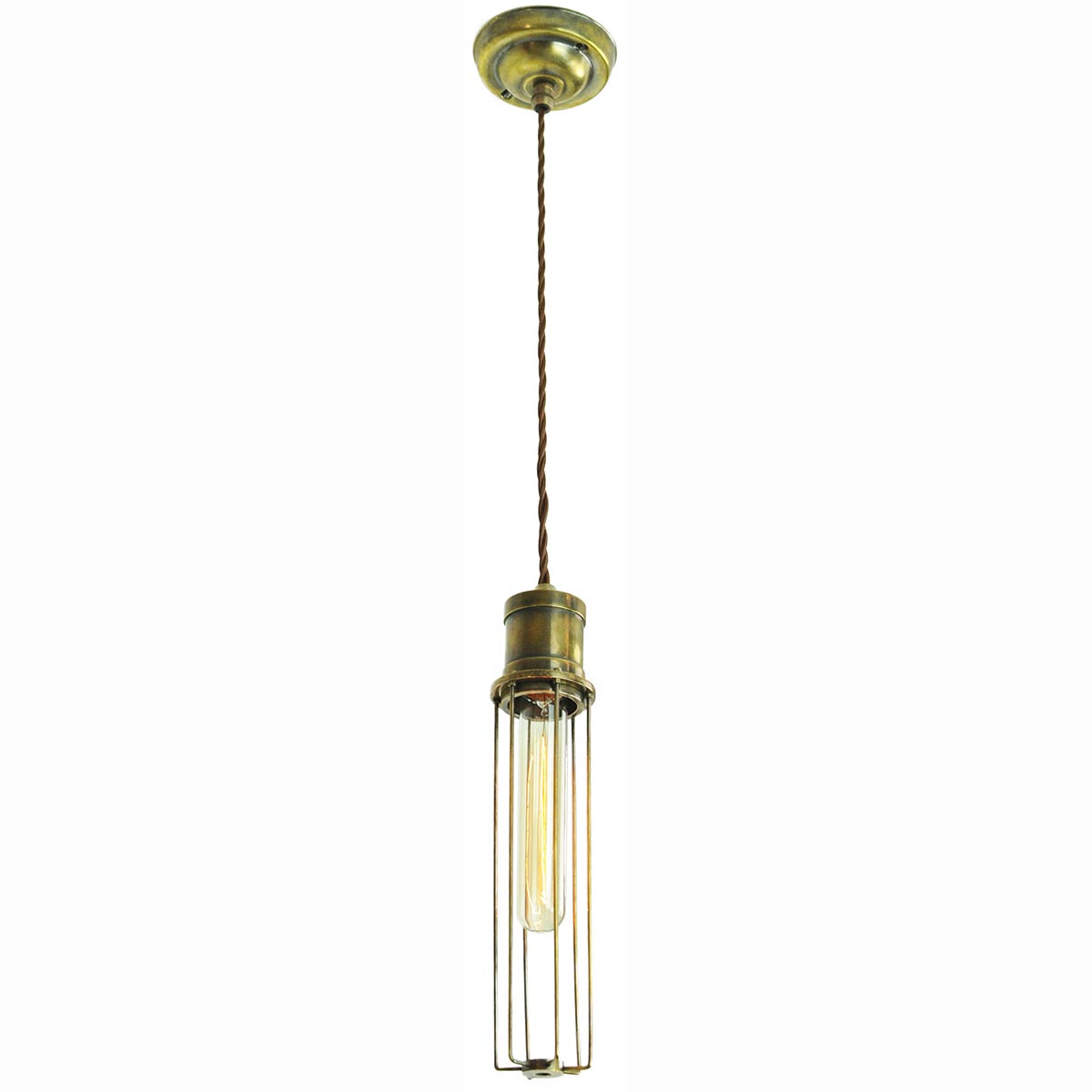 Alexander Vintage Tube Cage 1 Light Pendant Solid Antique Brass