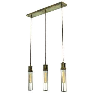 Alexander 3 light tube cage ceiling pendant bar in solid antique brass