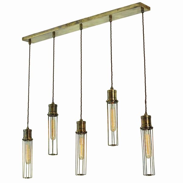 Alexander period 5 light tube cage ceiling pendant in solid antique brass full height