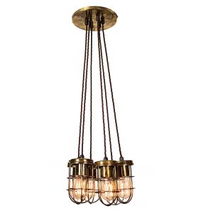 Cellar early industrial style 6 light cluster pendant in solid antique brass