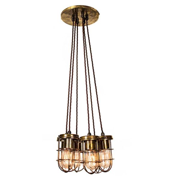 Cellar early industrial style 6 light cluster pendant in solid antique brass