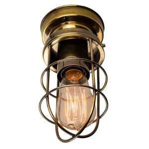 Cellar early industrial style 1 lamp flush mount ceiling light in solid antique brass