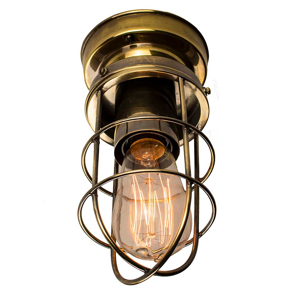 Cellar Early Industrial 1 Lamp Flush Ceiling Light Antique Brass