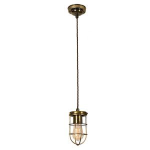 Cellar early industrial style single light ceiling pendant in solid antique brass full height