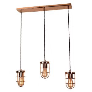 Cellar early industrial style 3 light ceiling pendant bar in copper plated solid brass
