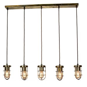 Cellar early industrial style 5 light ceiling pendant bar in solid antique brass