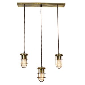 Cellar early industrial style 3 light ceiling pendant bar in solid antique brass