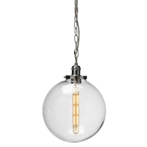Otra single pendant light in polished chrome on white background