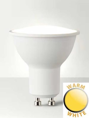 Budget 5w SMD LED GU10 frosted bulb in warm white shown lit.