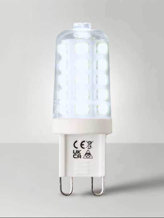 3w Dimmable LED G9 capsule bulb in daylight white, shown lit.