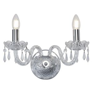 Hale Georgian style 2 light crystal wall light in polished chrome on white background, lit.
