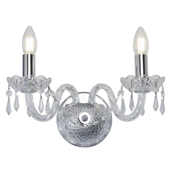 Hale Georgian style 2 light crystal wall light in polished chrome on white background, lit.