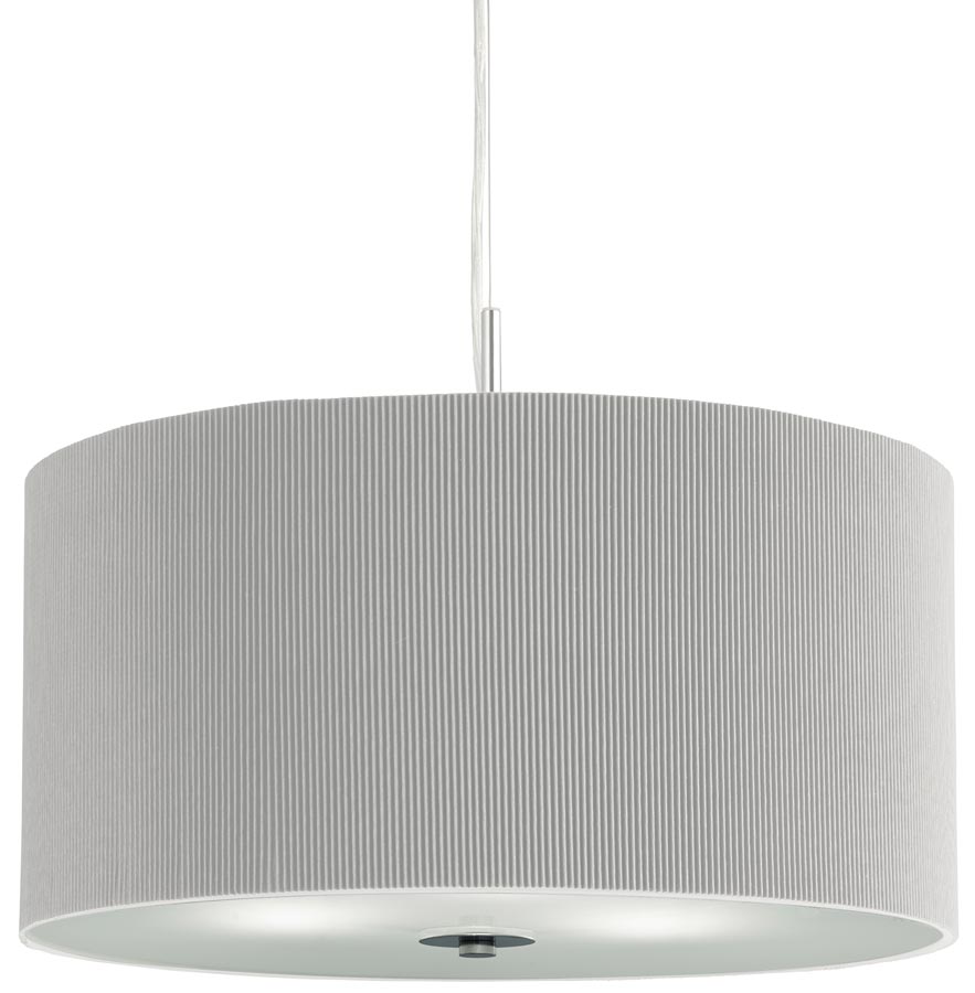Drum Pleated Silver Fabric 3 Light Pendant Ceiling Light Frosted Glass