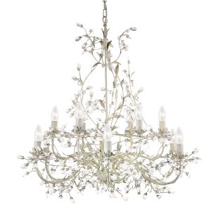 Almandite 12 light large pendant chandelier in cream and gold on white background