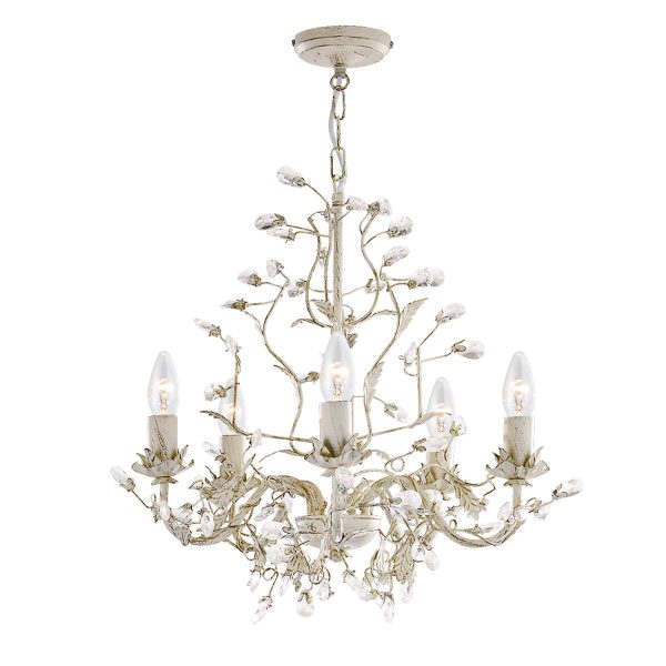 Almandite 5 light pendant chandelier in cream and gold on white background