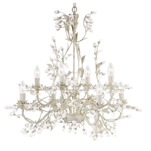 Almandite 8 light pendant chandelier in cream and gold on white background