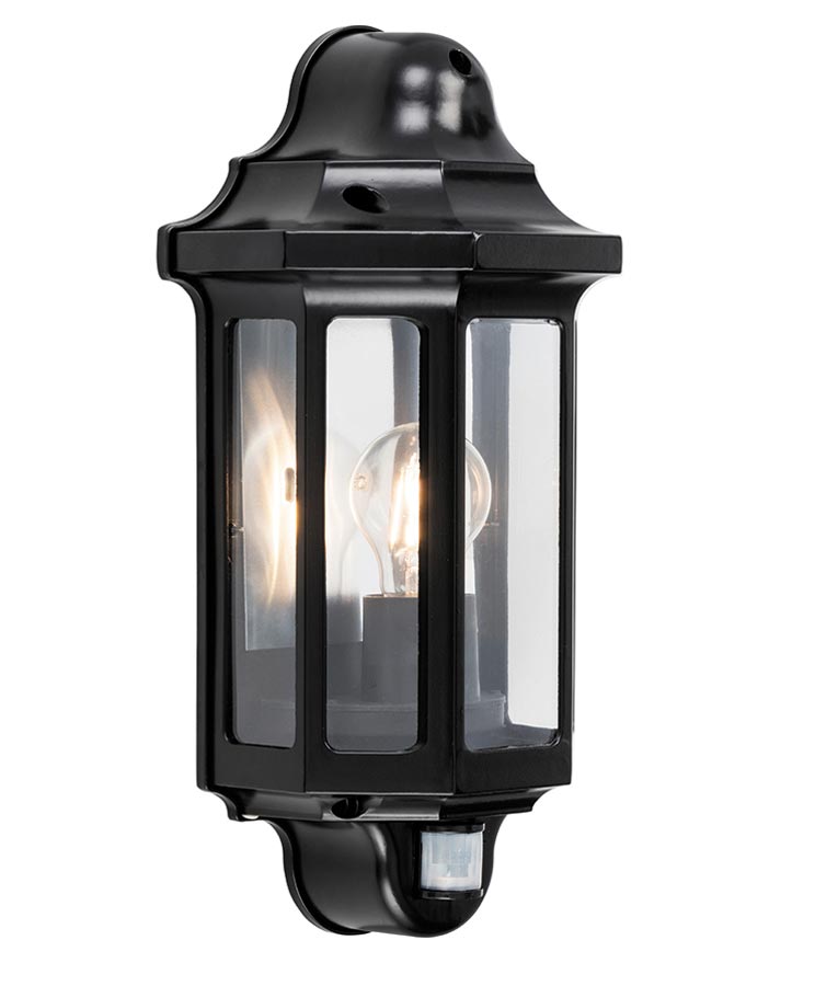 Traditional 1 Light Outdoor Wall Half Lantern PIR Satin Black IP44