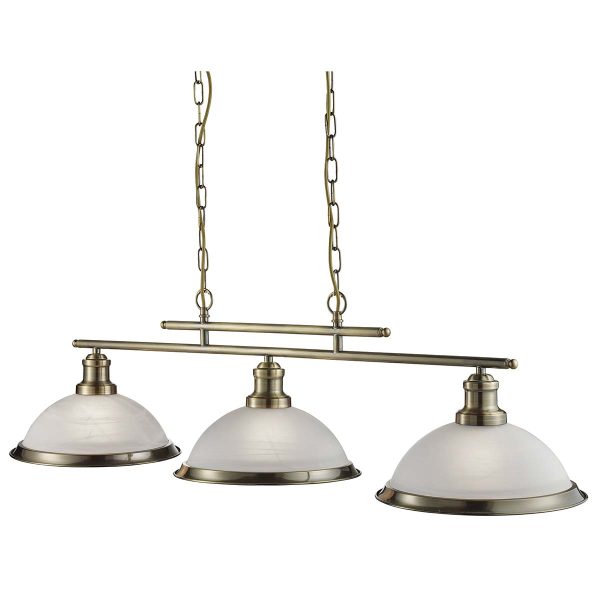 Bistro 3 light bar pendant in antique brass on white background