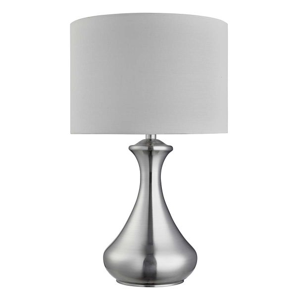 Touch bedside table lamp in satin silver with white shade on white background