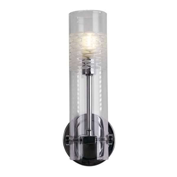 Scope elegant bathroom wall light in polished chrome with etched glass shade on white background lit