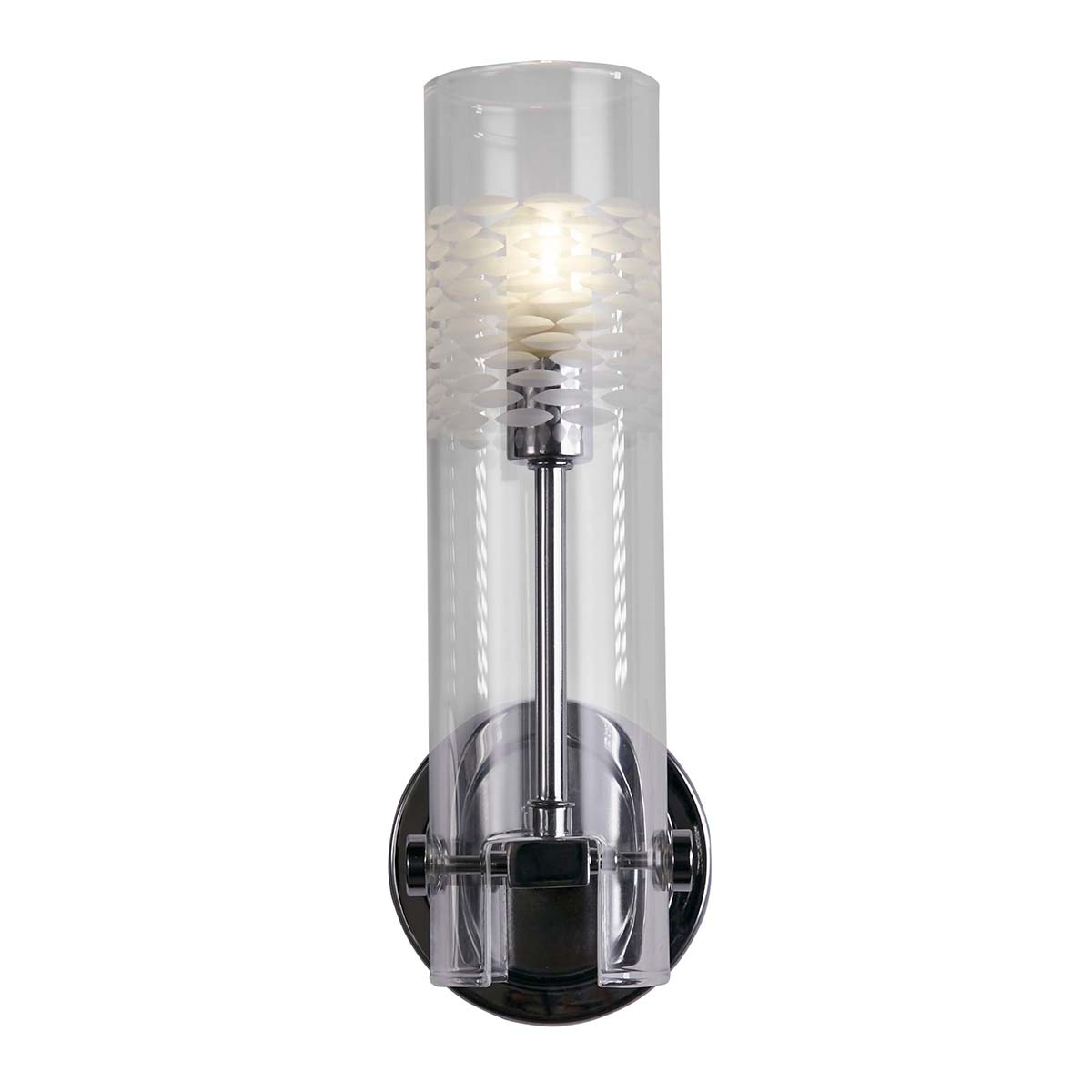 Scope elegant bathroom wall light in polished chrome with etched glass shade on white background lit