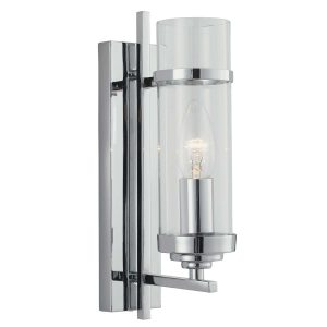 Milo single Art Deco style wall light in polished chrome on white background lit