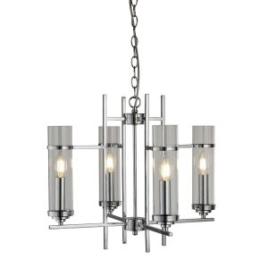Milo 4 light Art Deco style ceiling pendant in polished chrome on white background lit