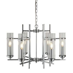 Milo 6 light Art Deco style ceiling pendant in polished chrome on white background lit