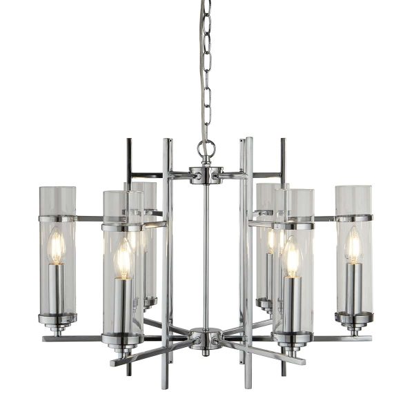 Milo 6 light Art Deco style ceiling pendant in polished chrome on white background lit