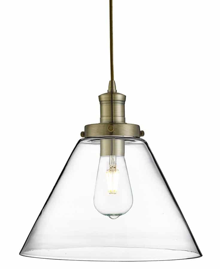 Pyramid 1 Light Clear Glass Pendant Ceiling Light Antique Brass