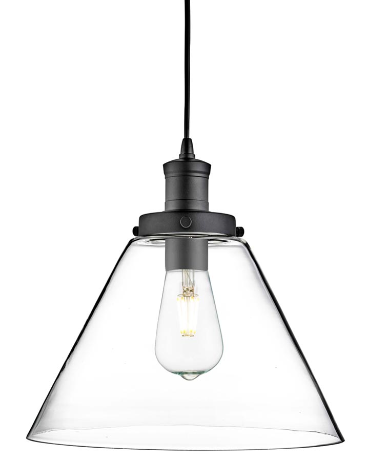 Pyramid 1 Light Clear Glass Pendant Ceiling Light Matt Black