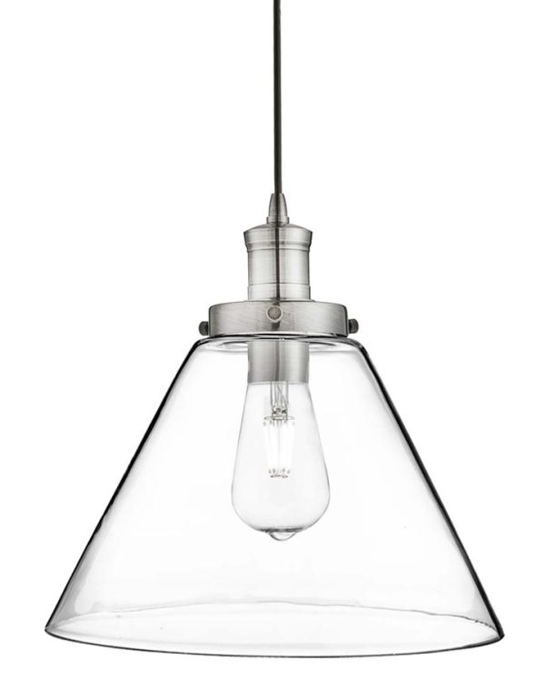 Pyramid 1 light clear glass pendant ceiling light satin silver