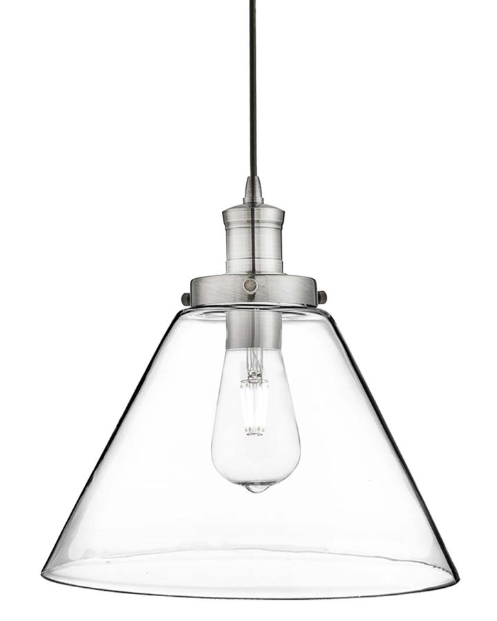 Pyramid 1 Light Clear Glass Pendant Ceiling Light Satin Silver