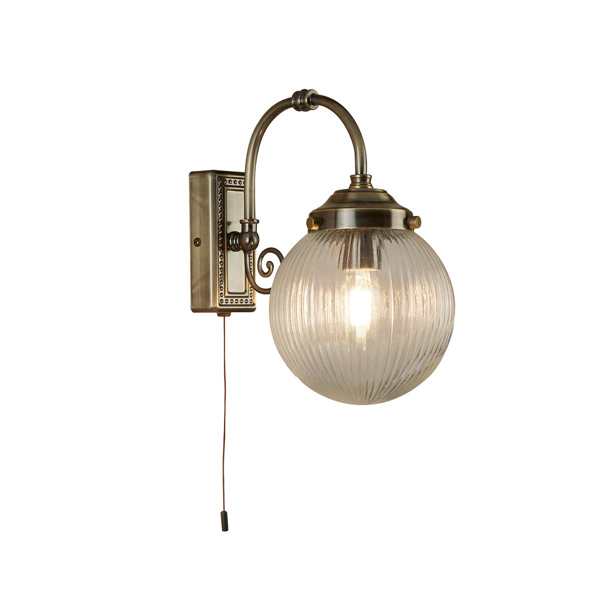 Belvue 1 Light Bathroom Wall Light Antique Brass Ribbed Globe IP44