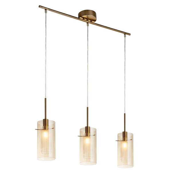 Duo III 3 light bar pendant in bronze with champagne glass shades on white background lit