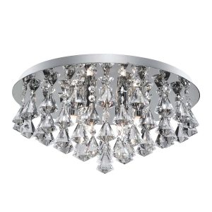 Hanna round 6 light flush pyramid crystal ceiling light in polished chrome on white background