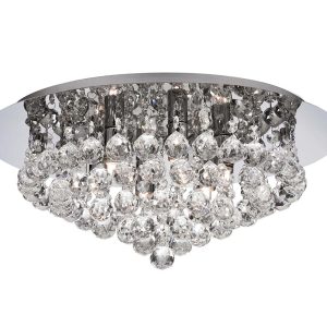 Hanna round 6 light flush crystal ceiling light in polished chrome on white background