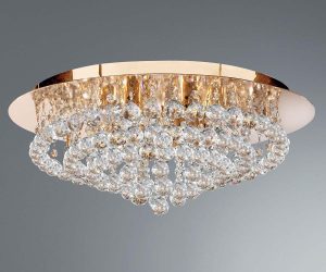 Hanna 8 light flush crystal ceiling light in polished gold on grey background