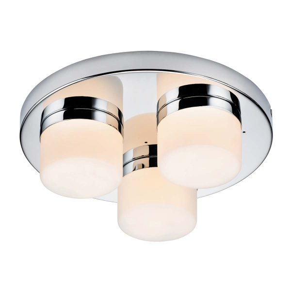 Pure 3 light flush bathroom ceiling light in polished chrome on white background lit